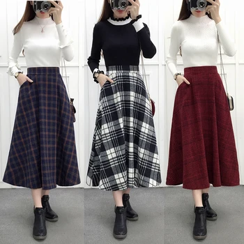 

Women Skirts Winter Thick Autumn Wool Blends Plaid Elegant Pleated Patchwork Chic Girl Warm Big Hem Print Female Skirts