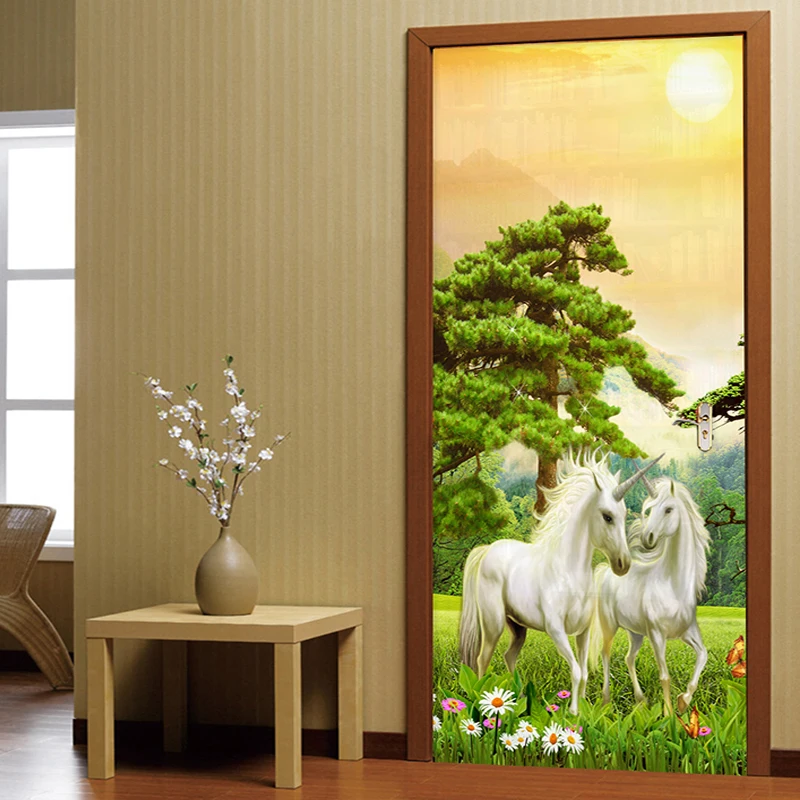 

2 Pieces/Set Self-Adhesive Door Sticker 3D Forest Animal Wallpaper Living Room Home Decor Paste PVC Waterproof Door Wall Sticker