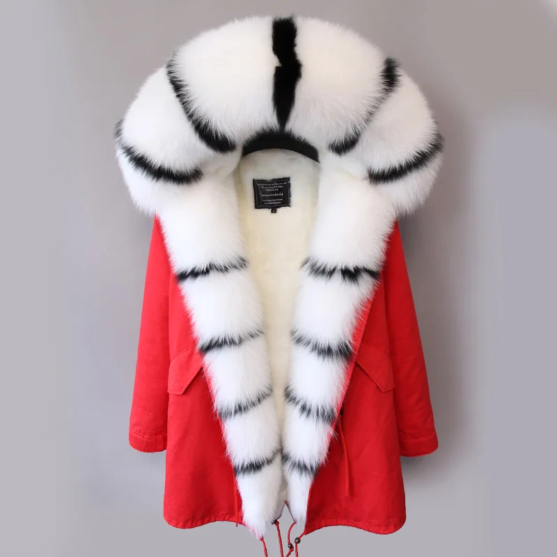 

2019 Real Fox Fur Coats Women Winter Parka Jacket Long Sleeve Color Block Casual Outer Winter Work Ladies Coat Fur Lined Hooded