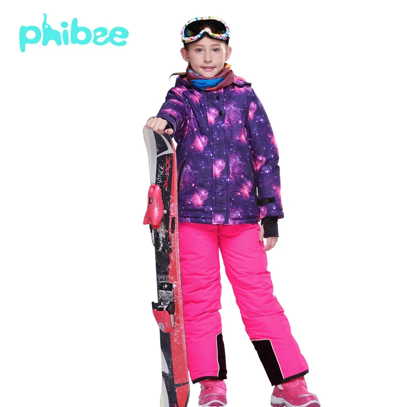 

PHIBEE Children Kids Winter Snowboard Jacket & Bib Pants Suit Girls Fleece Warm Waterproof Mountain Skiing Snow Coat Clothing