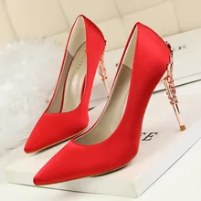 Women Pumps Shoes Satin Carved Metal Heel Solid Slip-On Pointed Toe Shallow 10cm Thin High Heels Sexy Lady Wedding Female Shoes pointed toe shallow high heel pumps women pink flower decorated super high thin heel shoes female high heels dress shoes
