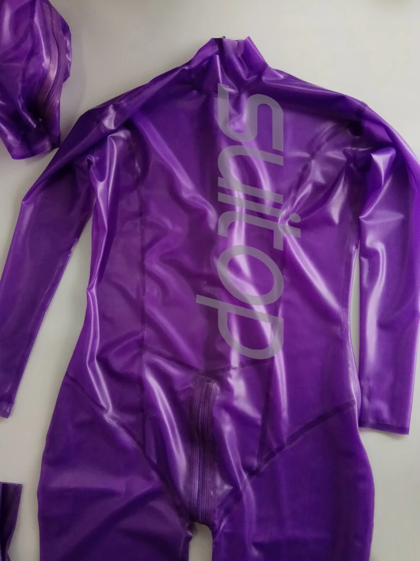 women's rubber catsuit (whole sets) latex bodysuits in trasparent purple with back zip to crotch nurse