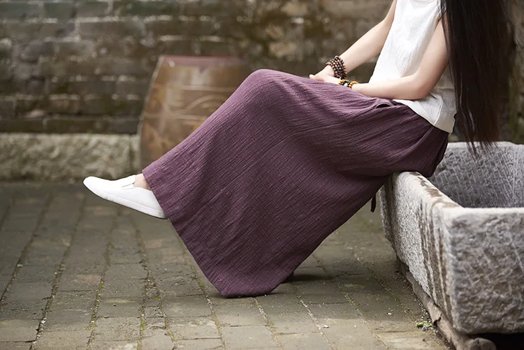 Весенние хлопковые льняные женские оригинальные мягкие широкие брюки винтажные свободные юбки брюки китайский стиль эластичный пояс