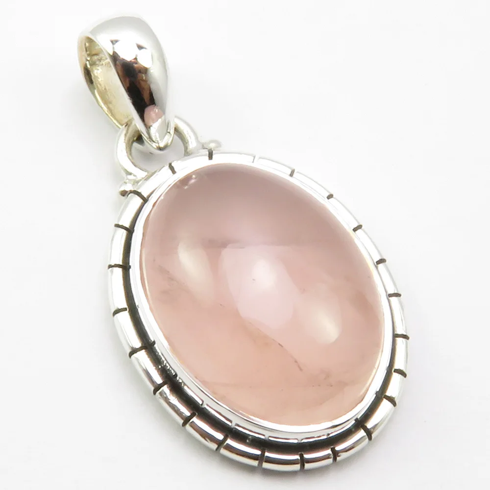 

India Unique Designed Stamped Pure Silver Pink Rose Quartzs Pendant for Necklace 1.3