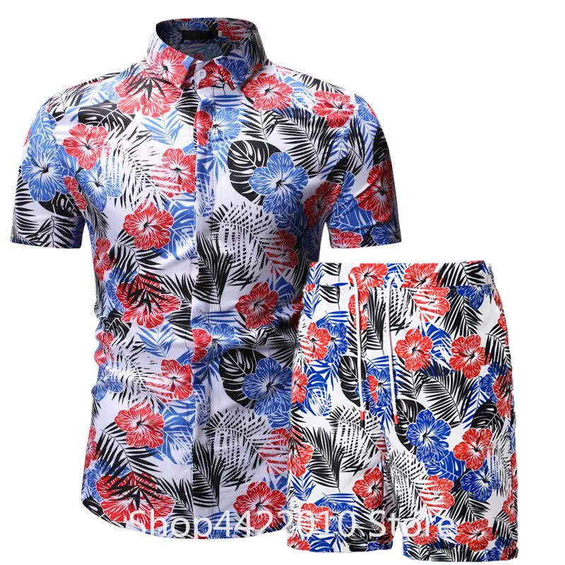 

2019 Summer Fashion Floral Print Shirts Men+Shorts Set Men Short Sleeve Shirts Casual Men Clothing Sets Tracksuit Plus Size 3XL