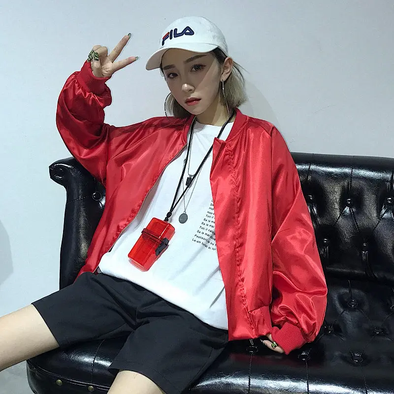 Harajuku Womens Autumn Winter Bomber Jacket Ladies Red Baseball Windbreaker Jackets Zipper Purple Basic Jacket Coat Outwear