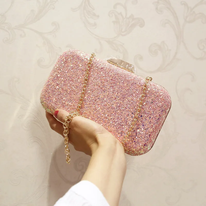 

Angelatracy 2019 New Arrival Sequined Pink Metal Frame Phone Chain Make Up Bag Gold Women Girl Flap Shoulder Bag Evening Bag