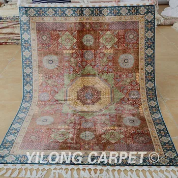 

Yilong 4.3'x6.2' Traditional turkish orange silk carpet vantage fine oriental rugs (1709)