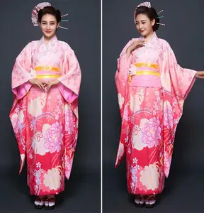 Pink Japanese Women Kimono Vintage Yukata With Obi Novelty Evening Dress Cosplay Costume Flower One Size