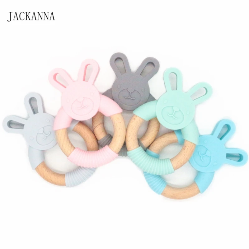 

5PCS Bunny Silicone Teether Food Grade Silicone Rabbit Wooden Teething Ring Teether Animal Rattle Toy Nursing Baby Shower Gifts