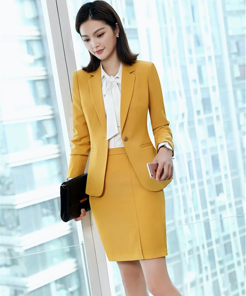 

Formal Ladies Yellow Blazer Women Business Suits with Skirt and Jacket Sets Work Wear Clothes Office Uniform Design Style