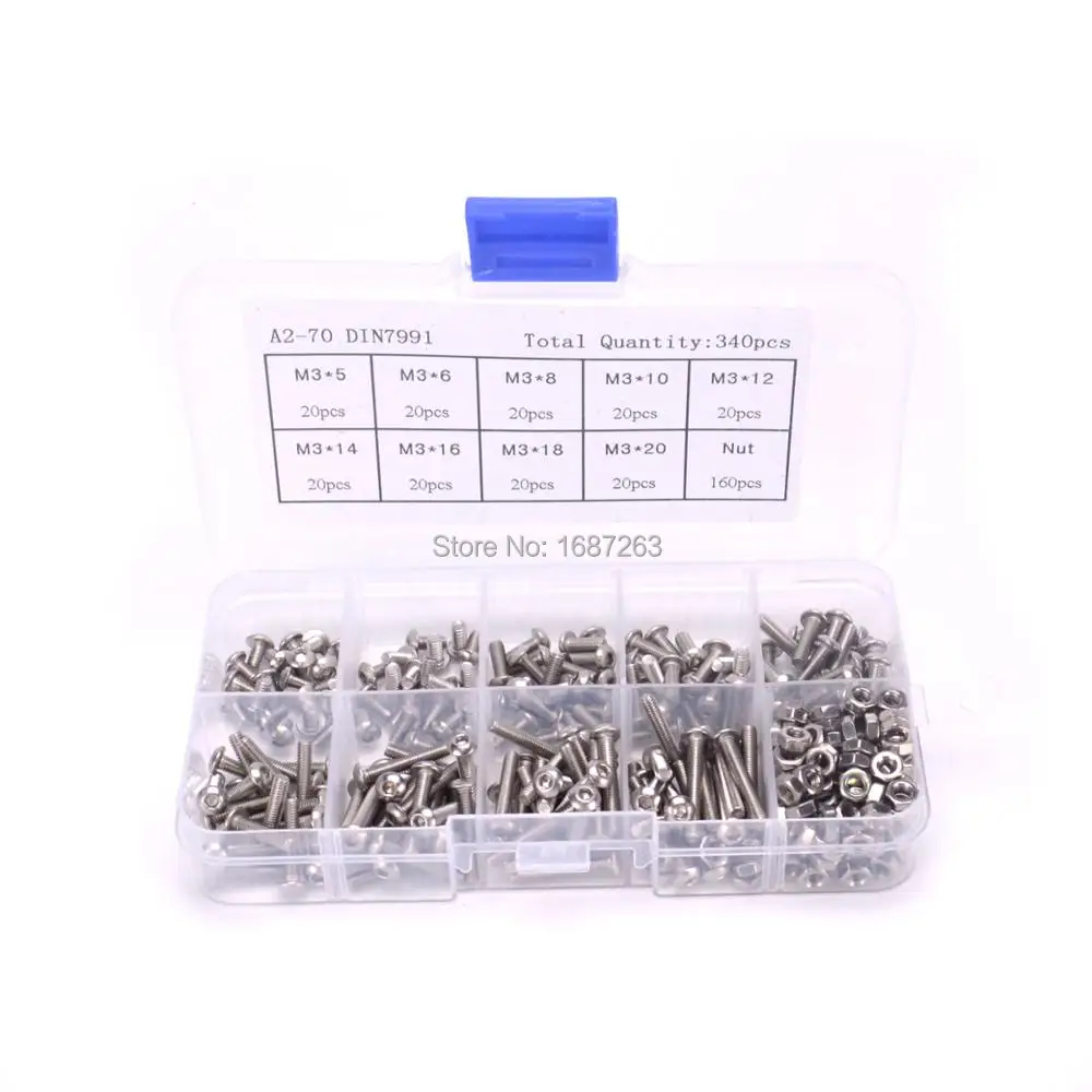 

340pcs/set M3 Button Head Hex Socket Screw Bolt Nut Stainless Steel M3 Screws Nuts Assortment Kit Fastener Hardware For RC Parts