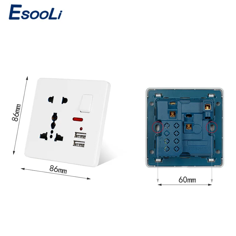 Esooli настенная розетка 13A универсальная 5 отверстий переключаемая 2.1A двойной usb