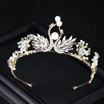 

Charm Double Swan Tiaras For Women Baroque Crown Taira Pearl Bridal Hair Accessories Princess Wedding Headdress Headpieces