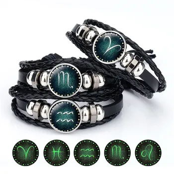 

Cosplay 12 Constellation Luminous Bracelet Men Leather Bracelet Charm Bracelets for Men Boys Women Girl Jewelry Accessories