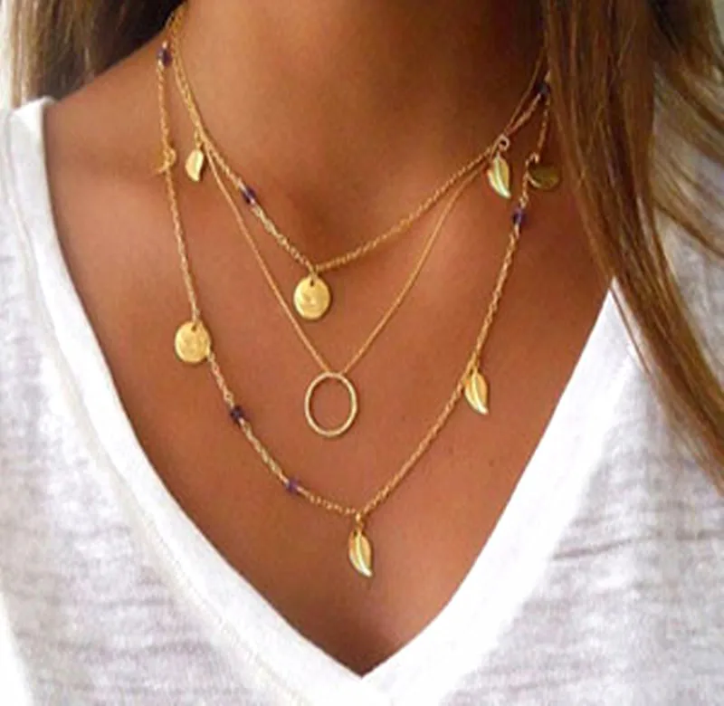 

2019 new Personality Simple Fashion Necklace Multi-layer Geometry Leaf Pearl Lady for the women pendant chain layered necklace