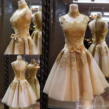 2016 kurze Gold Champagner Spitze Homecoming Kleider Mini High Neck Prom Kleider Sexy Cocktail Party Graduation Dresses 1671911