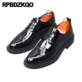 

Brogue Genuine Leather Black Italy Real Dress Club Oxfords European Party Patent Pointed Toe Wingtip Business Casual Men Shoes