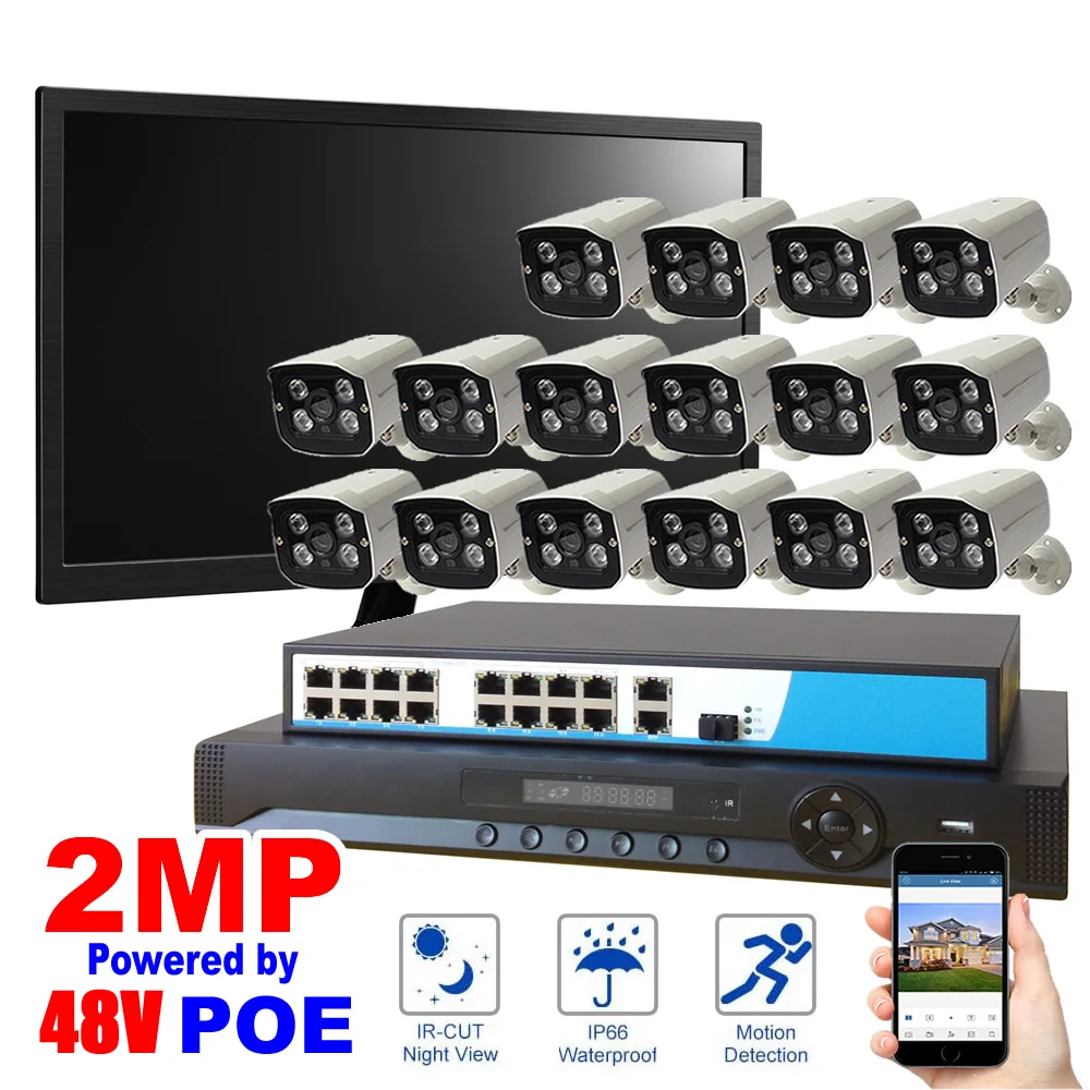 

16CH Security System 1080P POE Camera System 17' LCD Display+16CH NVR+16CH PoE Switch+2MP POE IP Camera Night Vision Waterproof