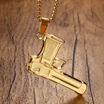 

Boys Hip Hop Pistol HandGun Charm Pendant Necklace for Men Biker Black Gold-color colar Stainless Steel Jewelry 24"