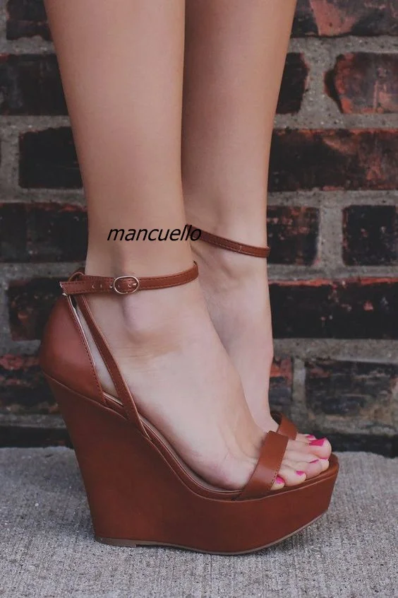 

Elegant Brown PU Leather Platform Dress Sandals Simply Line Buckle Style Wedge Shoes Sexy Band-let Open Toe Sandals New Design