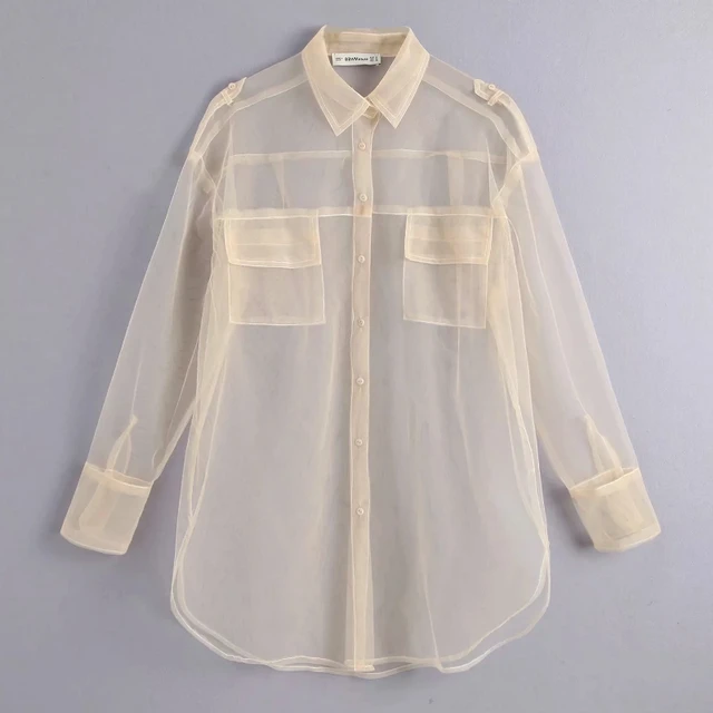 US $9.31 new women sexy pocket decoration transparent mesh blouse long sleeve smock shirts leisure sunscreen
