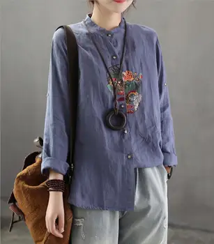 

Vintage linen Embroidery Shirts long sleeves Plus size women clothing Tops