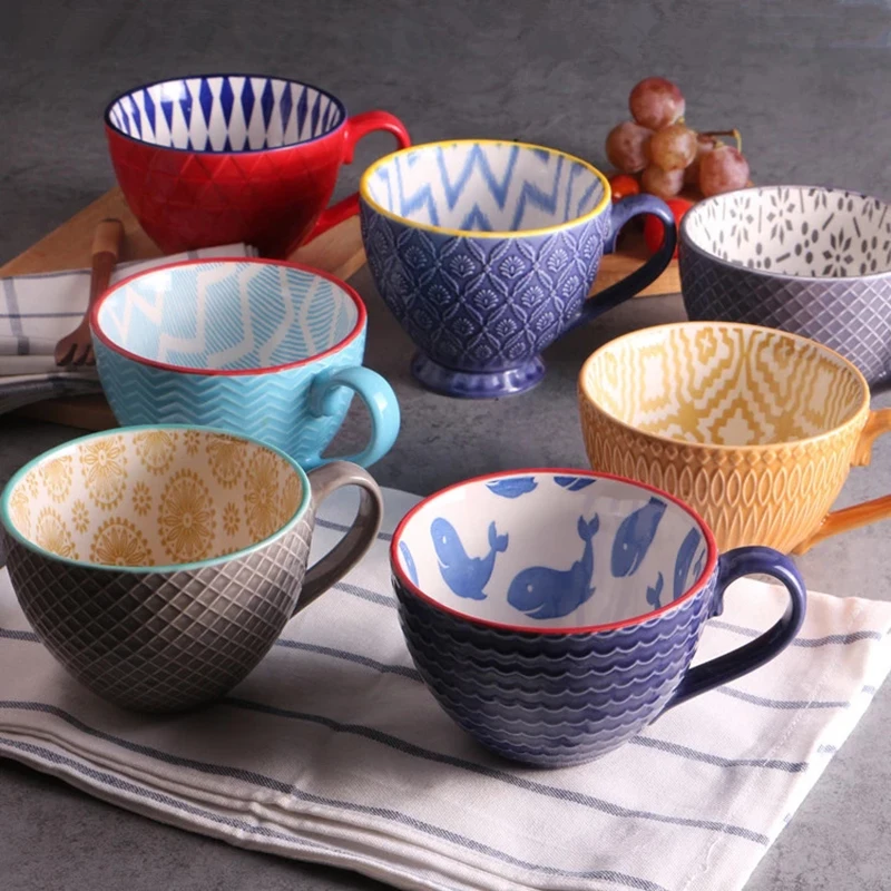 

Ceramic Hand Painted Coffee Cup Creative Vintage Cup Cafe Bar Supplies Embossed Personality Breakfast Cup