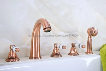 

Antique Red Copper Bathroom Roman Tub Faucet Widespread 5pcs Tub Mixer Tap Deck Mounted with Hand Shower Ntf234