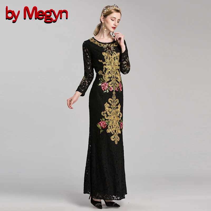 Женское кружевное платье Megyn Черное длинное с длинным рукавом и цветочной