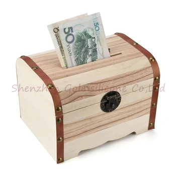 

New TENSKE Wooden Piggy Bank Safe Money Box Savings With Lock Wood Carving Handmade Coin storage box 100pcs
