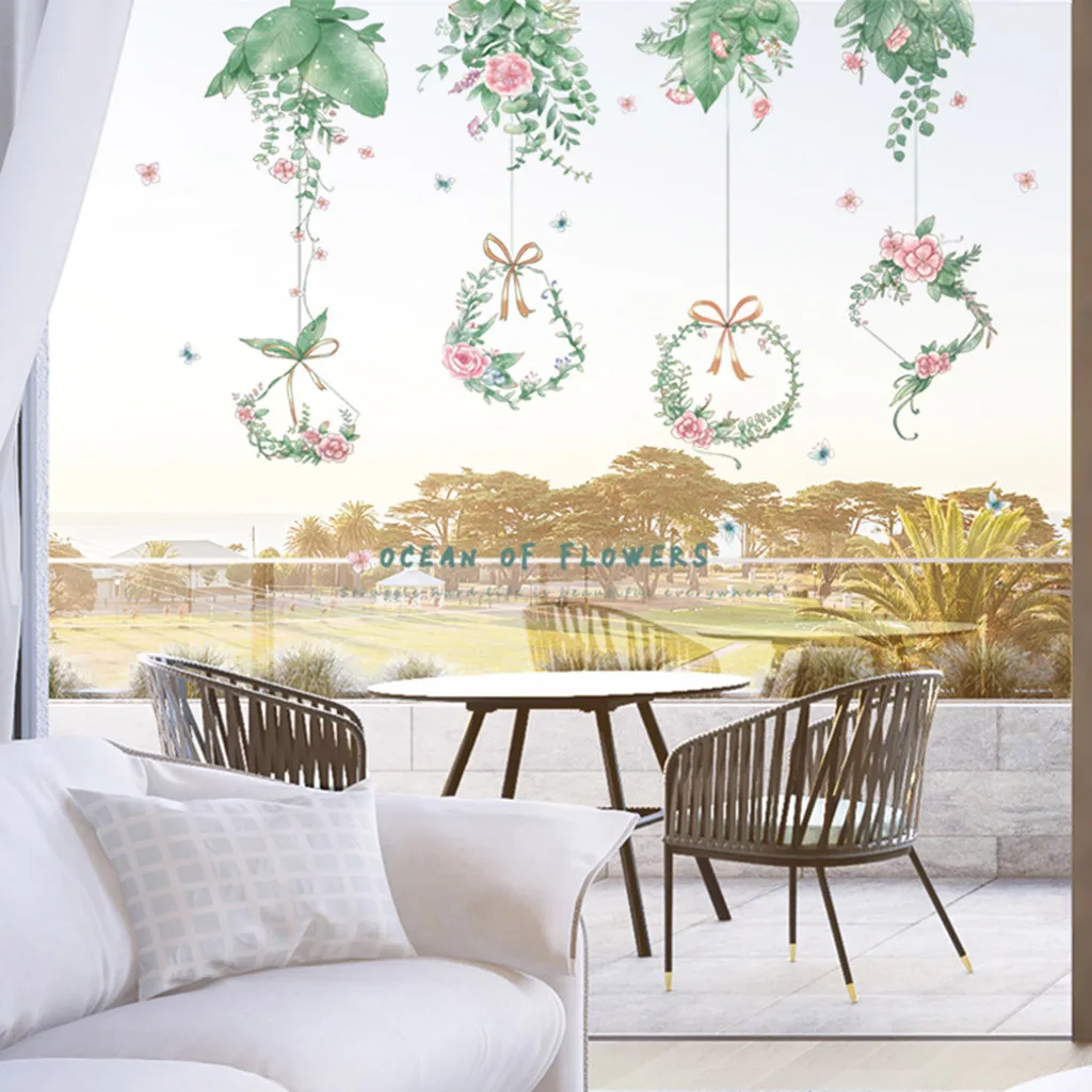 

Beautiful Green Leaf Wall Decal Pink Flower Wall Sticker Inkjet Removable Wall Stickers Children's Room Interior Wall Stickers