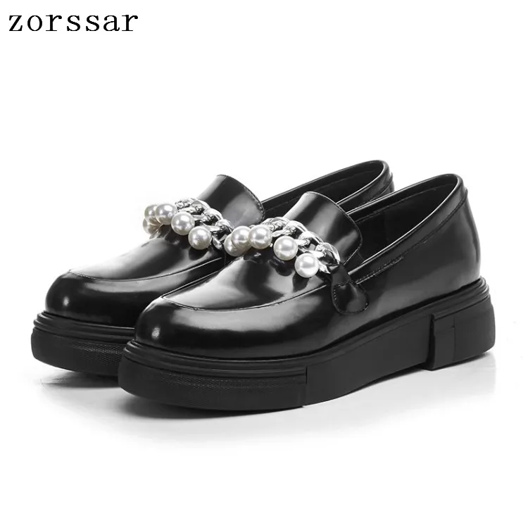 

Zorssar 2019 Autumn women Flat platform shoes Genuine Leather pearl flats shoes casual sneakers ladies creepers moccasins shoes