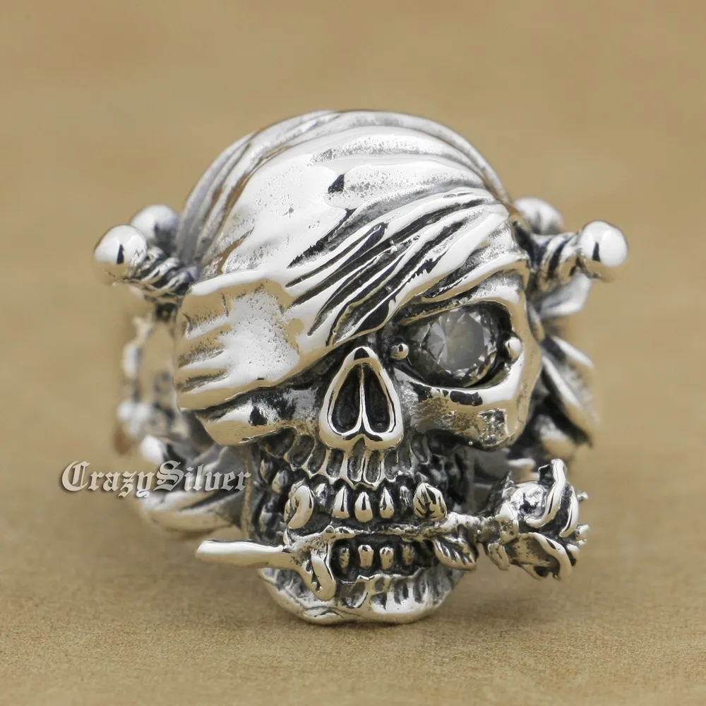Blanc CZ Eye 925 Sterling Argent Pirate Crâne Rose Mens Biker Anneau 9W001 NOUS Taille 7.5 à 13