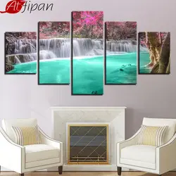 Холст стены Книги по искусству HD печатает фотографии Home Decor рамки 5 шт. лесной водопад пейзажа Картины зеленый озеро Красные Деревья Плакаты