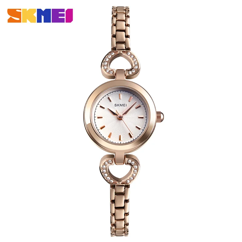 SKMEI новые модные кварцевые часы для женщин люксовый бренд браслет из нержавеющей стали часы дамы Стразы платье часы женские часы - Цвет: rose gpld