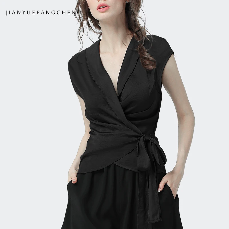 Сексуальные летние топы с глубоким v-образным вырезом, женские рубашки размера плюс, женские офисные топы и блузки на шнуровке с коротким рукавом, женская одежда - Цвет: Black