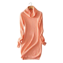 5 colors Women s dress 100 cashmere knitted knee length dresses turn down collar warm winter