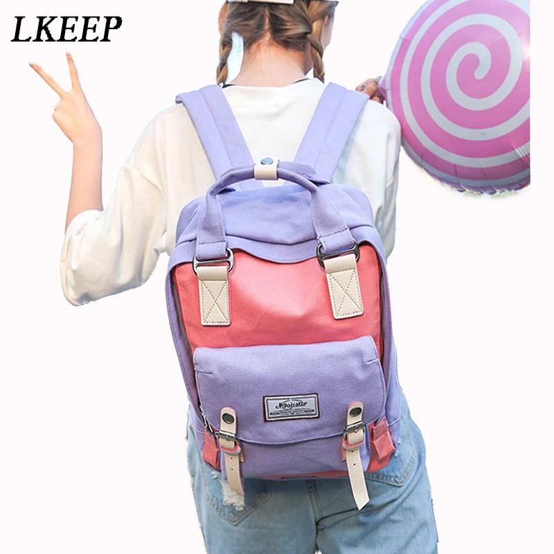 Students School Bag Patchwork Casual Canvas Backpack Women Bags Teenage