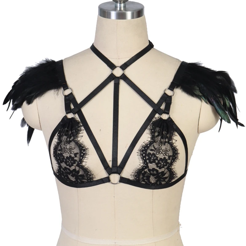 

Women Lace Top Harness Bra Pastel Goth Feather Wings Epaulette Body Harness Belt Burning Man Festival Rave Wear Sexy Lingerie
