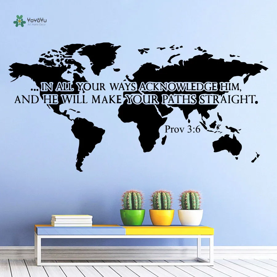 

World Map Vinyl Wall Decal Removeable Wall Sticker Bible Verses Psalms Proverbs 3:6 In All Your Ways Vinyl Home Decoration YO111