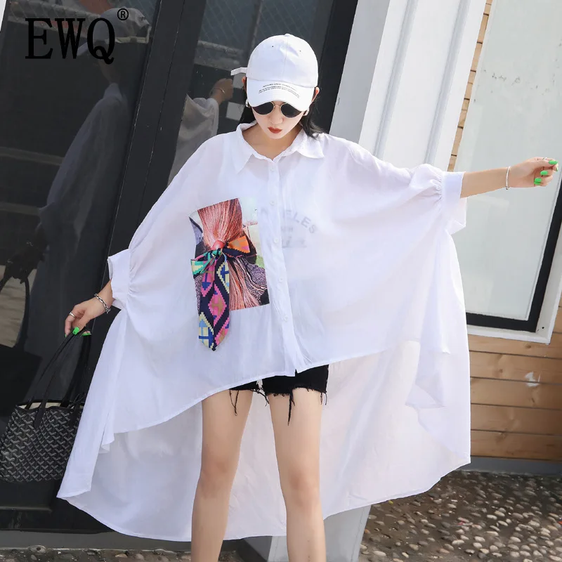 

[EWQ]2019 summer new Streetwear Turn-down Collar section cartoon print Batwing Sleeve large size Casual shirt women blouseQH918