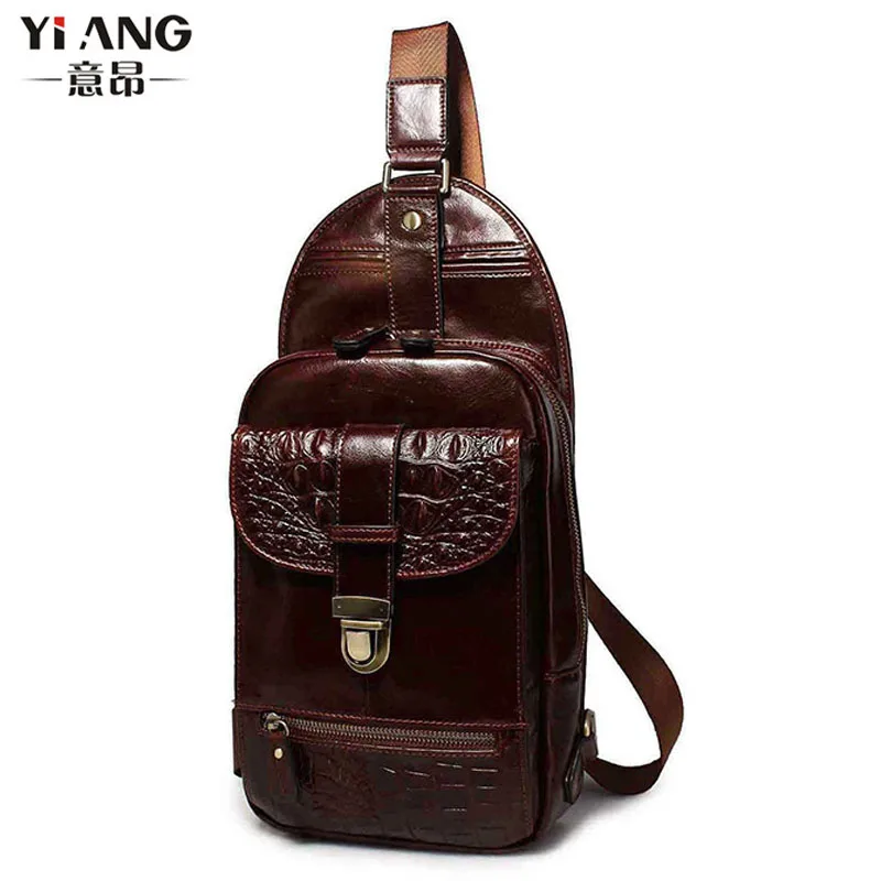 

New Men High Quality First Layer Cowhide Sling Chest Pack bag Crocodile pattern Genuine Leather Cowhide Shoulder Messenger Bag