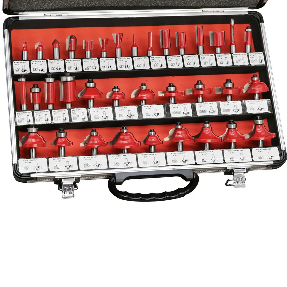 35PCS one set 8mm Shank Tungsten Carbide Router Bit Set Wood Woodworking Cutter Trimming Knife Forming Milling w/ Wood Case box