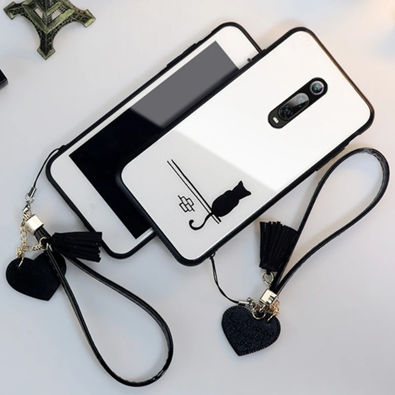 

Case for Xiaomi 9T Fashion Tempered Glass Cute Cat Case Cover for Xiaomi 9T Pro Schockproof Tassel Lanyard Phone Cover Funda