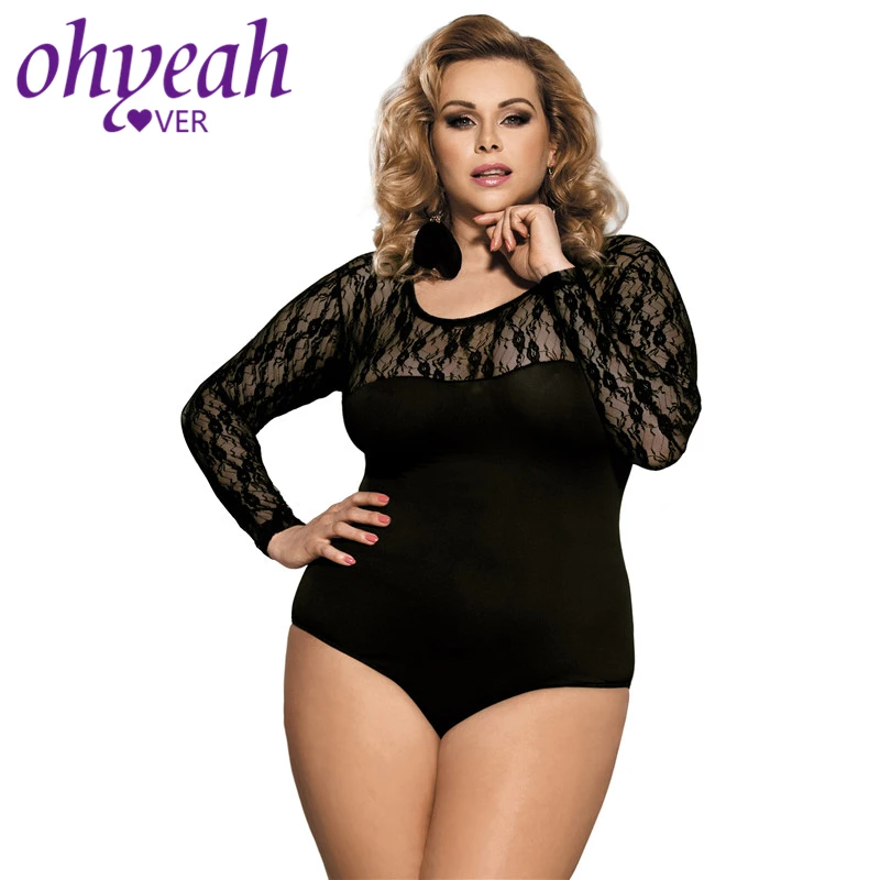 

Ohyeahlover Body Femme Overalls for Women Fashion One Piece Playsuit RM80372 Plus Size Long Sleeve Black Obstructed Teddy Lace