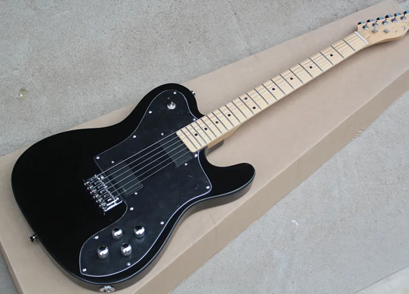 Factory Wholesale Black Color String-thru-body Electric Guitar with Big Black Pickguard,Chrome Hardwares,Offer Customized