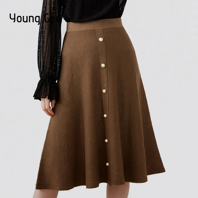 YoungGee Women Saia Midi A line Skirt High Waist Elegant Autumn Winter ...