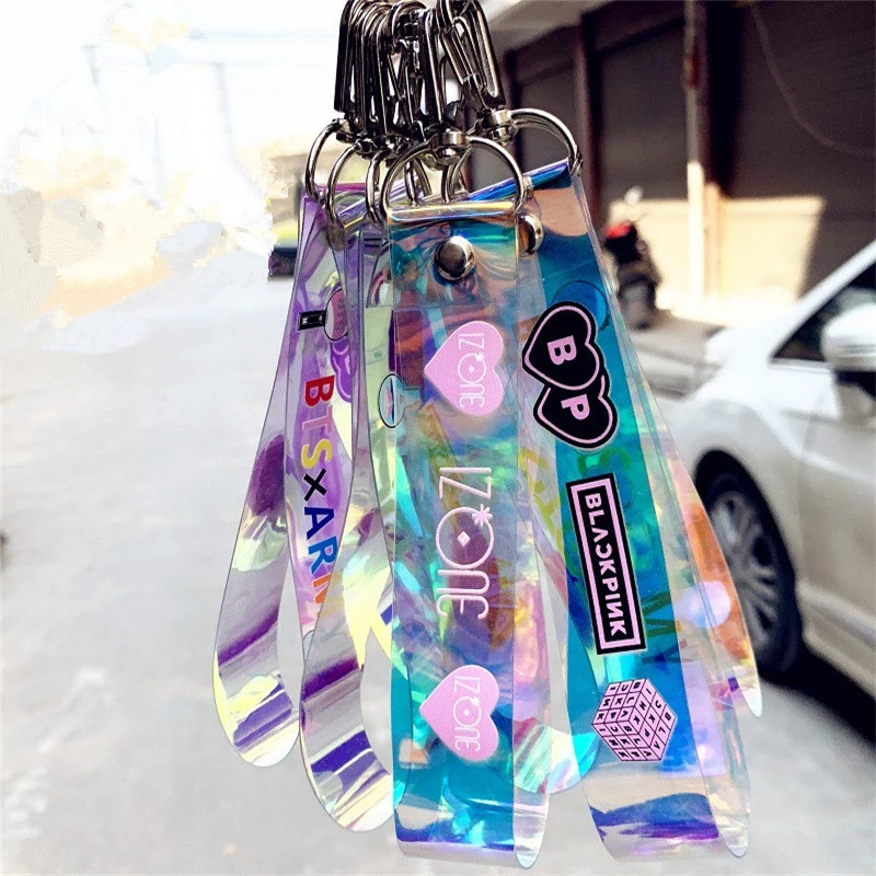 

Kpop Bangtan Boys Laser Keychains Phone Rope BLACKPINK GOT7 IZONE SEVENTEEN TWICE ROSE Keyrings Pendant Holders WT219