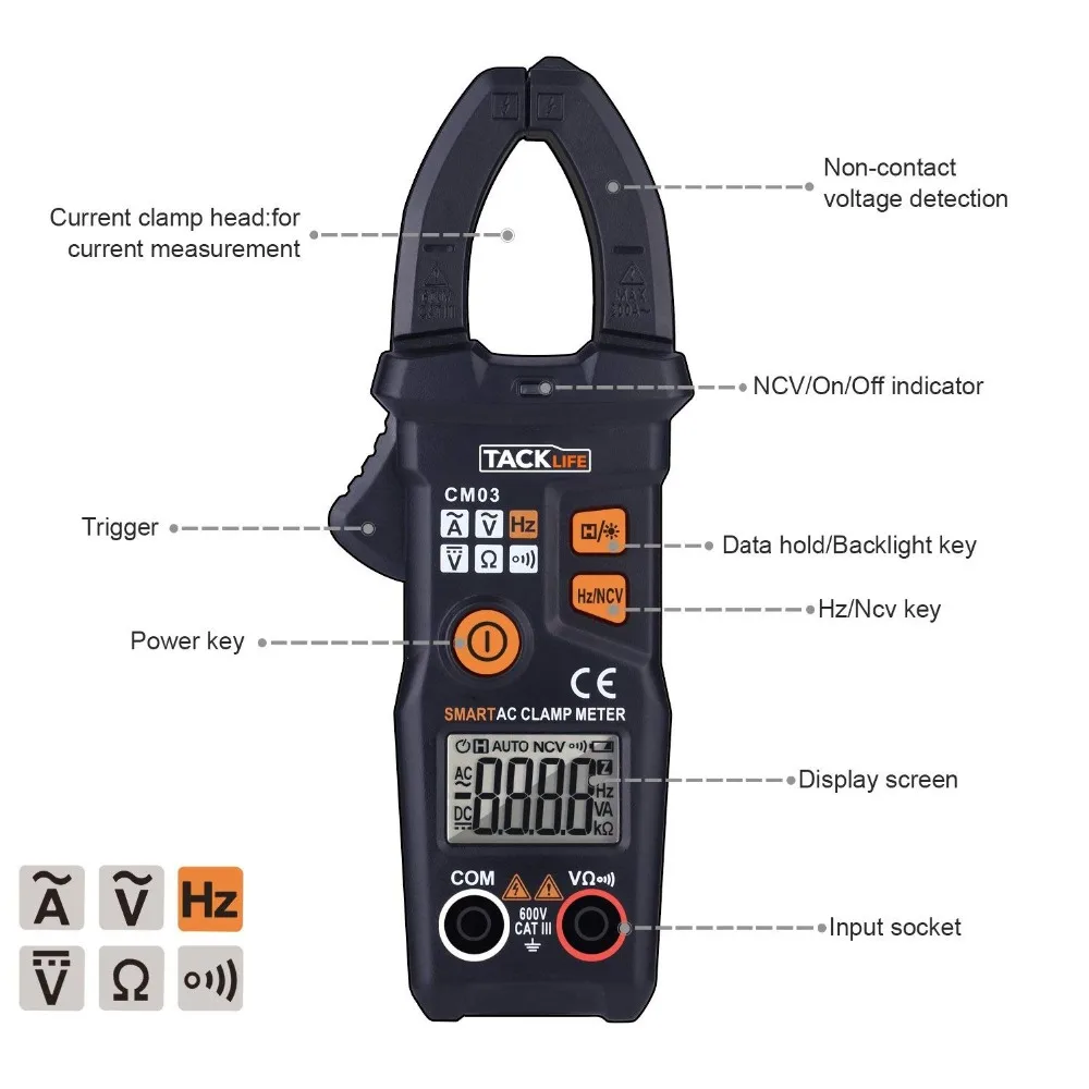 Tacklife CM03 Токоизмерительные клещи Автоматический диапазон 6000 отсчетов NCV Электрический Тестер AC/DC напряжение ом метр Цифровой мультиметр